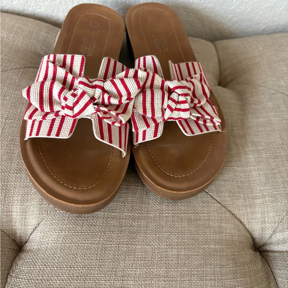 TOP Moda Red and White Striped Bow Sandals